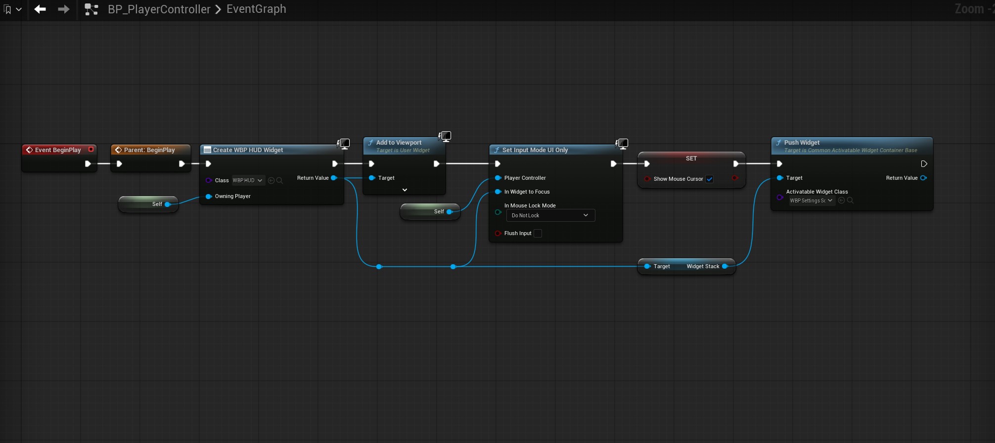 Adding WBP_HUD and WBP_SettingsScreen to Viewport in BP_PlayerController.